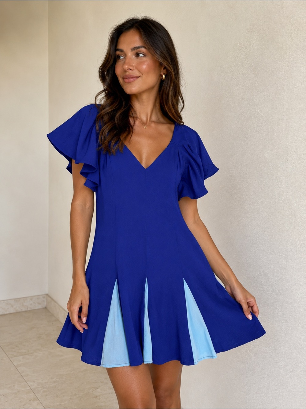 STAUD Royal Blue V‑Neck Flutter Sleeve Mini Dress with Light Blue Panels